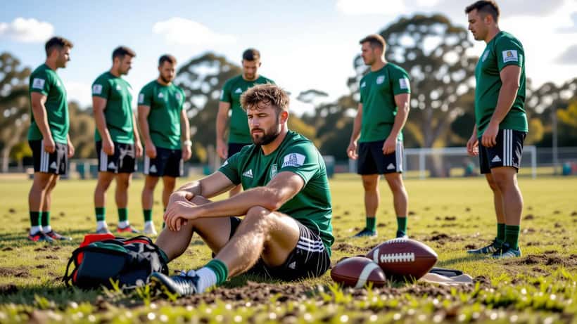 Amateur footballer clutching his thigh on a park pitch as teammates gather around
