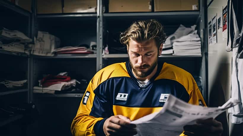 Hockeyspelare i omklädningsrum med juridiska dokument