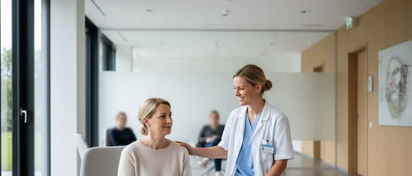 Deutsche Frau in hellem Wartezimmer einer Arztpraxis mit hilfsbereiter Krankenschwester