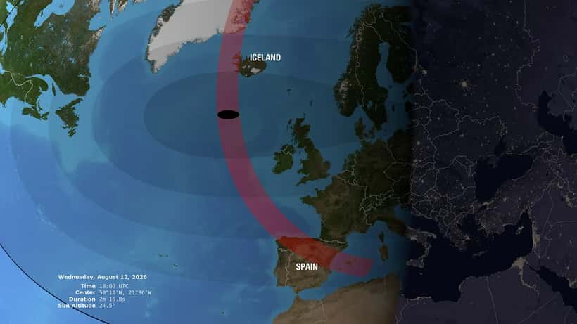 Visualización de la NASA del eclipse solar total del 12 de agosto de 2026, con el camino de totalidad sobre Islandia y España