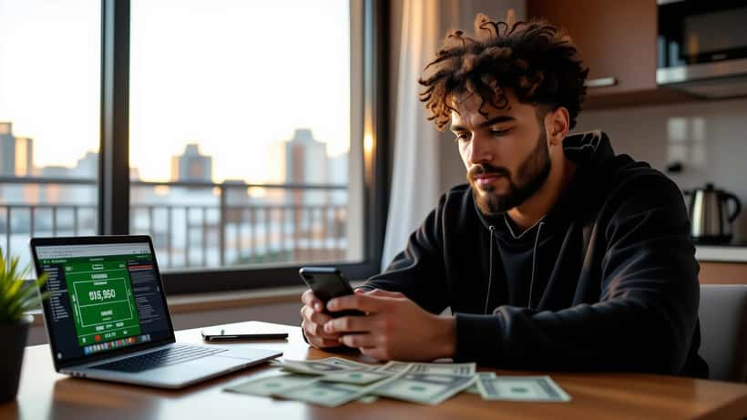 Homem brasileiro preocupado verificando aplicativo de apostas esportivas no smartphone em São Paulo