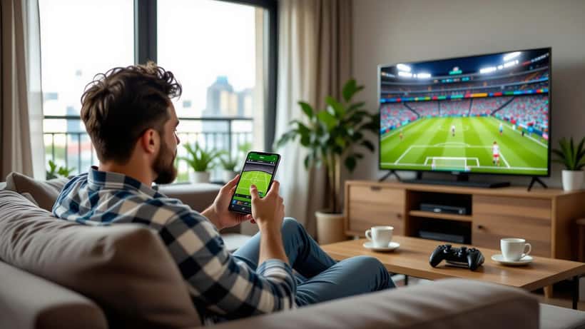 American man checking sports betting app on smartphone with Saudi Pro League soccer match on TV in background