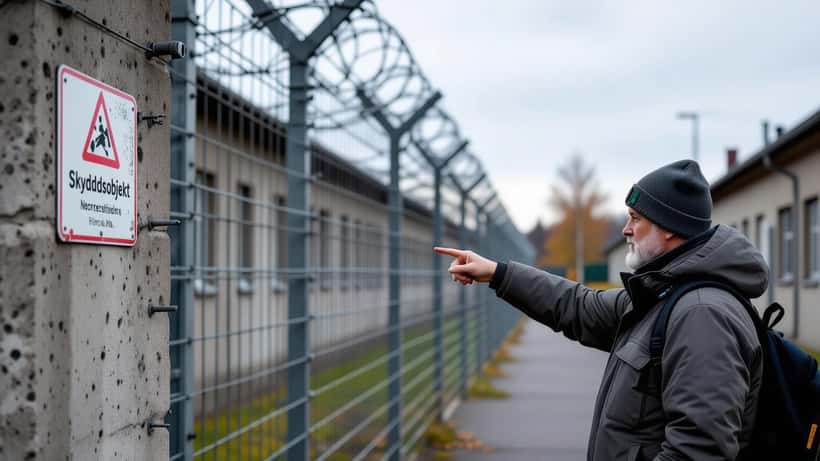 Man fotograferar utanför ett fängelse med 'Skyddsobjekt'-skylt vid staketet, Norrtälje Sverige