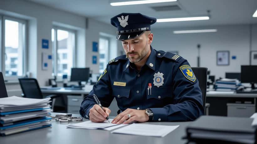 Österreichischer Polizeibeamter füllt Opferschutz-Formulare bei einer Menschenhandel-Razzia aus