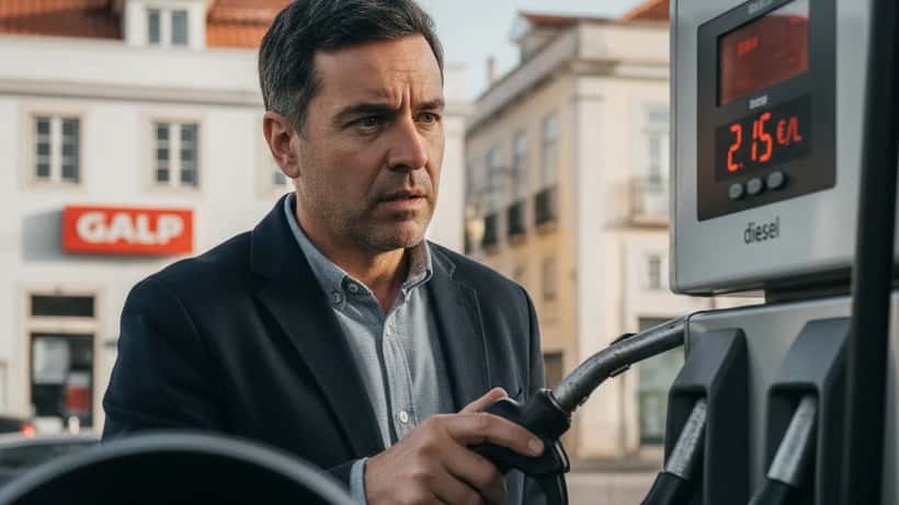 Condutor português a abastecer gasóleo num posto de combustível em Lisboa com preço elevado