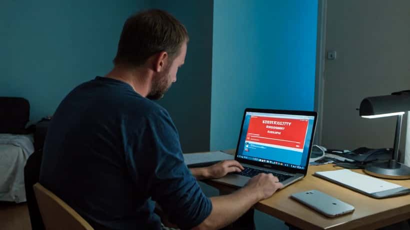 Mand ser alarmeret på laptop med sikkerhedsadvarsel under Champions League streaming
