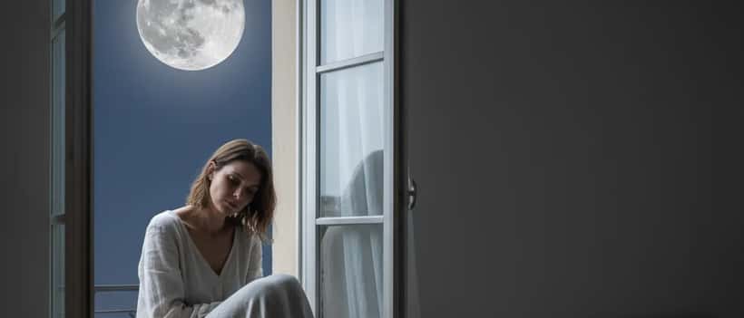 Femme regardant la Super Lune depuis sa chambre, trouble du sommeil, nuit de pleine lune