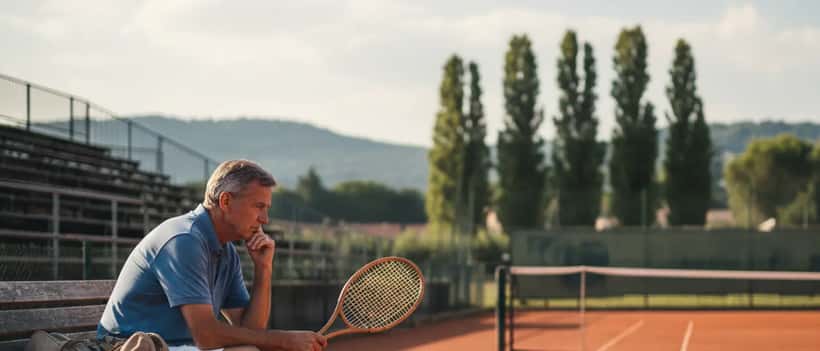 Retired professional tennis player sitting courtside reflecting on career end