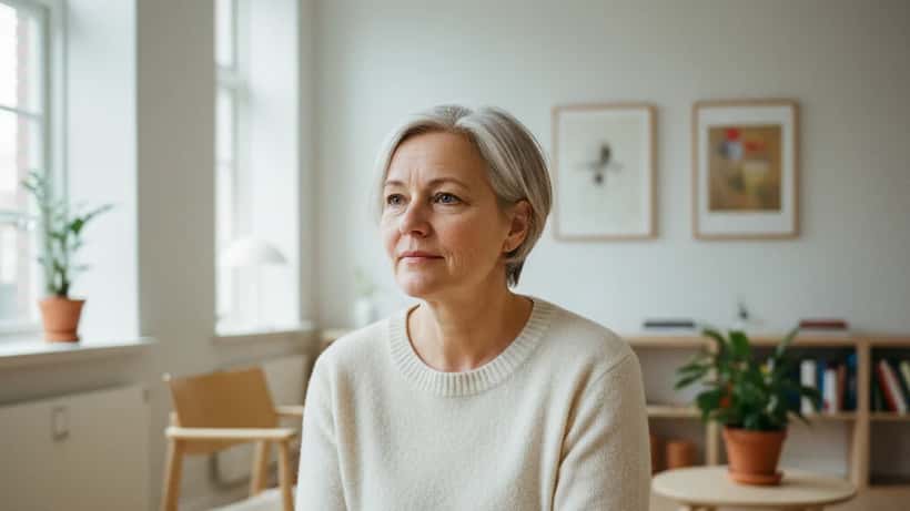 Dansk kvinde i psykologisk konsultation i Købnhavn, reflekteret udtryk i minimalistisk rum