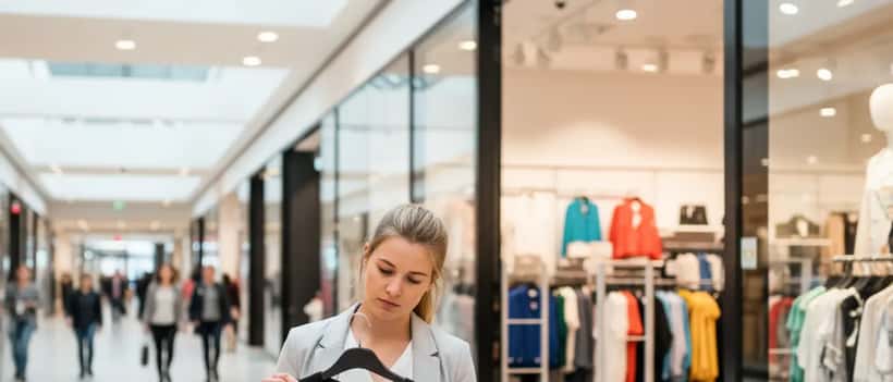 Junge Frau prüft Etiketten von Kleidungsstücken in einem Modeshop vor dem Kauf