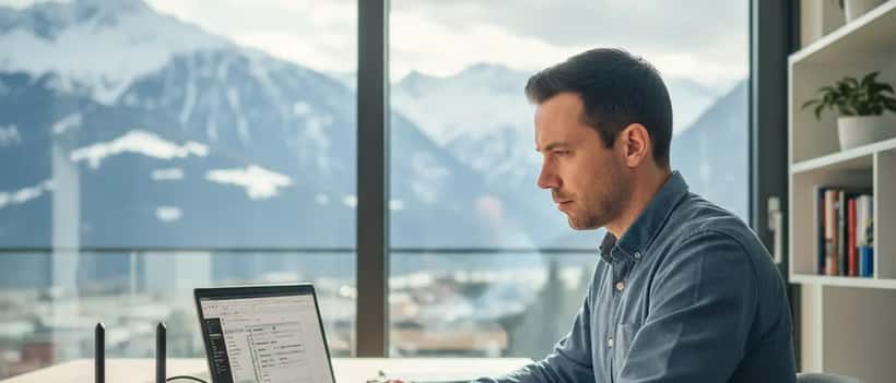 IT-Sicherheitsexperte prüft Router-Einstellungen am Laptop im Heimnetzwerk