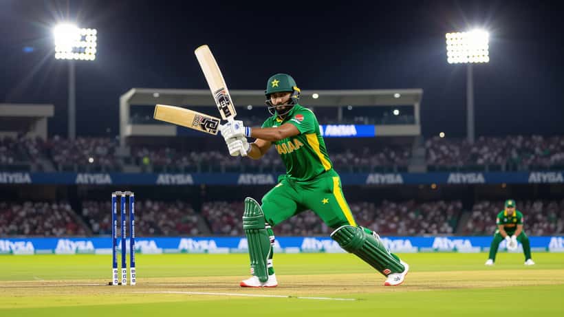 Pakistani cricketer hitting a six at the 2026 Asian Games cricket final under stadium floodlights