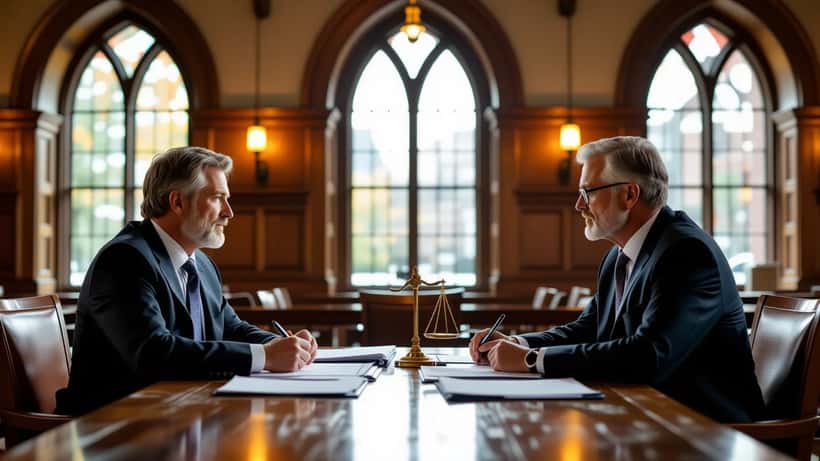Father consulting a lawyer about parental legal rights in a Canadian courthouse