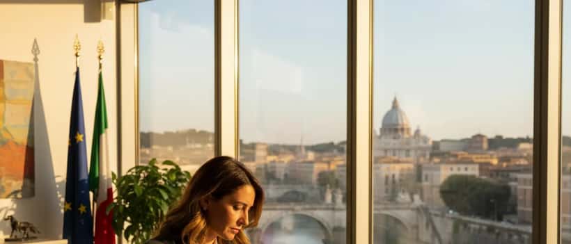Avvocatessa italiana in un moderno studio legale a Roma con vista sul Tevere, revisione documenti, bandiera europea sullo sfondo