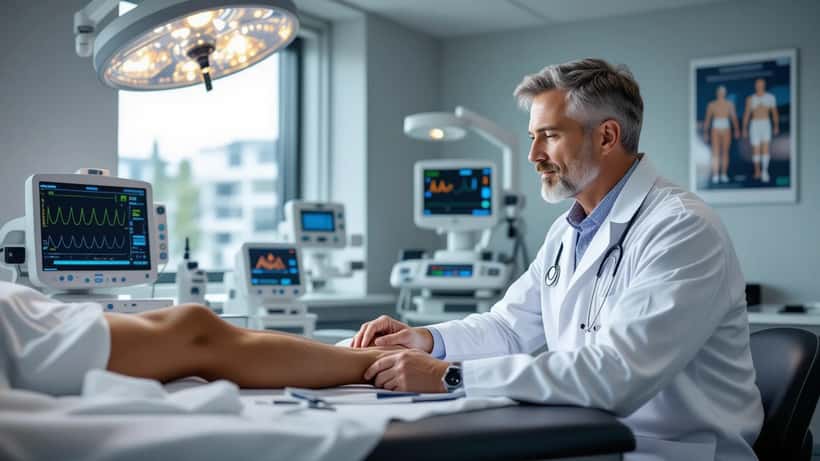 Sports medicine specialist examining a patient's Achilles tendon in a Toronto clinic