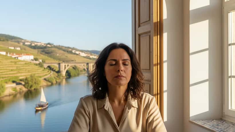 Mulher portuguesa esgotada em secretária minimalista em Lisboa, luz atlântica suave