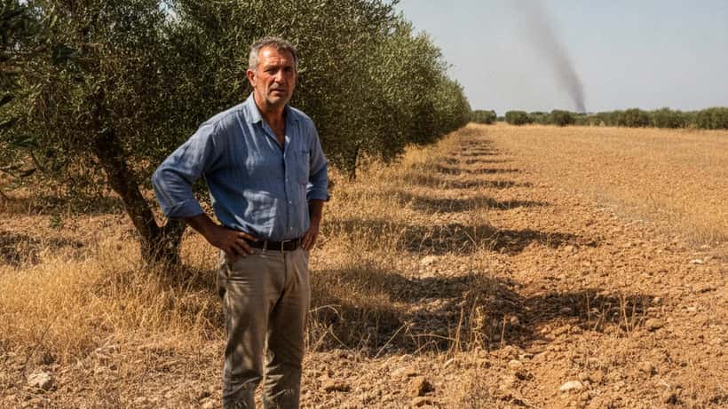 Proprietario esamina terreno secco in Puglia durante il periodo di grave pericolosità per incendi boschivi 2026
