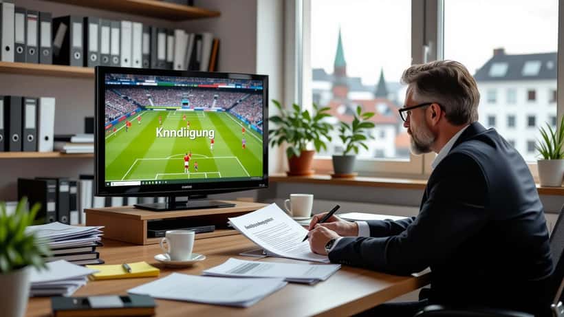 Rechtsanwalt prüft Arbeitsvertrag in Kölner Büro, Bundesliga-TV im Hintergrund