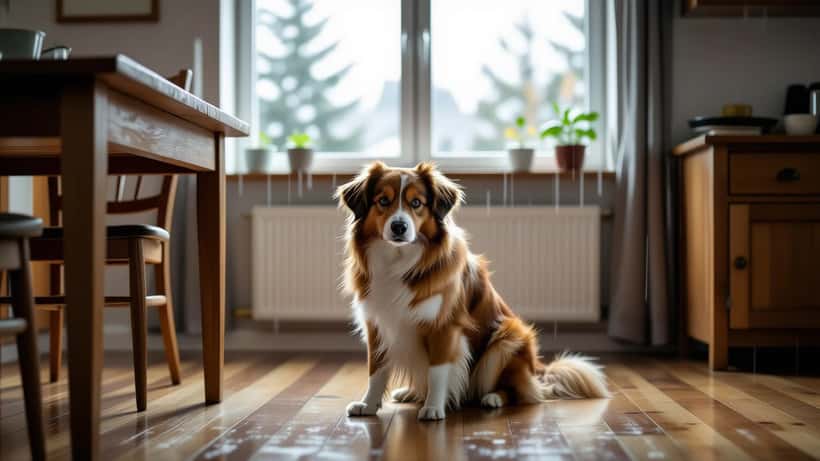 Rädd hund som kryper ihop under ett bord under åskoväder inomhus