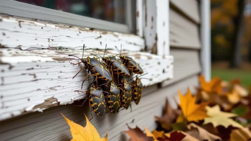 Braunmarmorierte Stinkwanzen an einem verwitterten Fensterrahmen eines deutschen Hauses, Herbst 2026