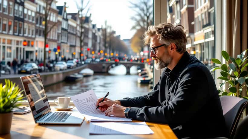 Nederlandse ZZP'er bestudeert EU A1-certificaat documenten op bureau in Amsterdam co-working space
