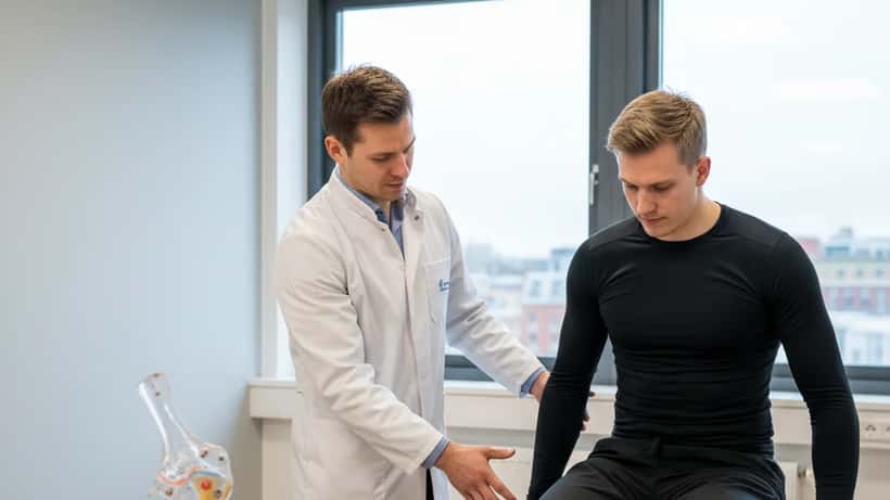 Idrottsläkare undersöker höften på en amatörishockeyspelare i Göteborg