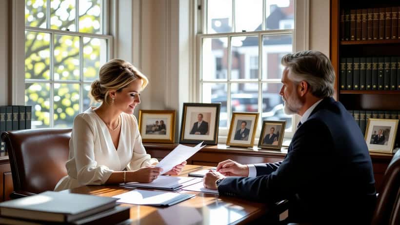 British couple reviewing prenuptial agreement with family solicitor in London law office