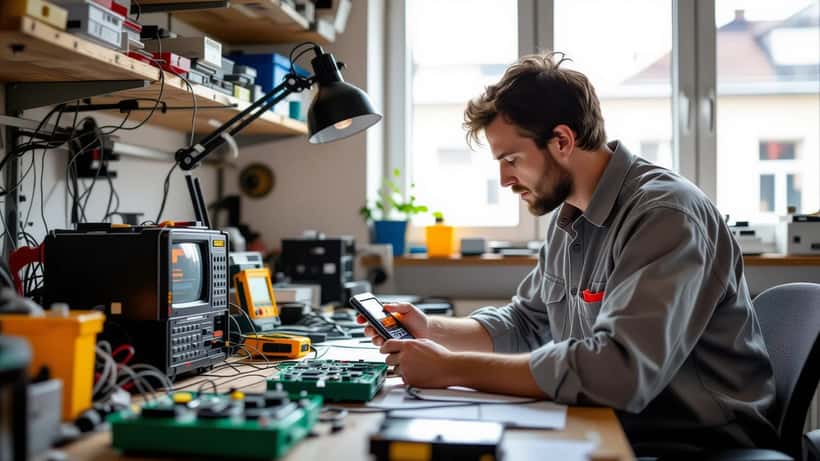 Elektroniker untersucht überhitztes Smartphone in Wiener Werkstatt bei Sommerhitze 2026