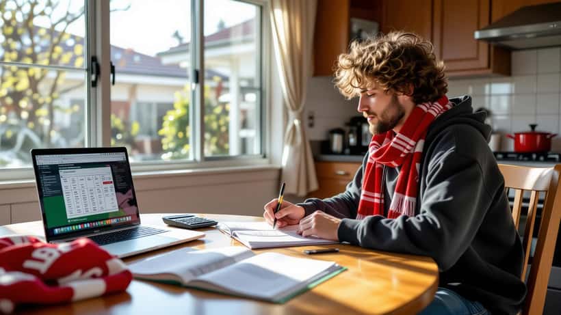 Maths tutor and teenage student converting football betting odds into probability percentages at a kitchen table