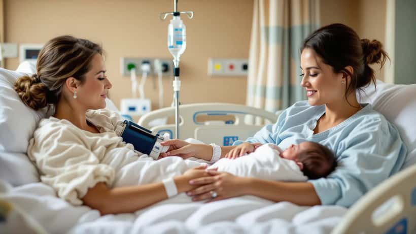 New mother checking blood pressure with newborn in hospital bed, postpartum health Australia