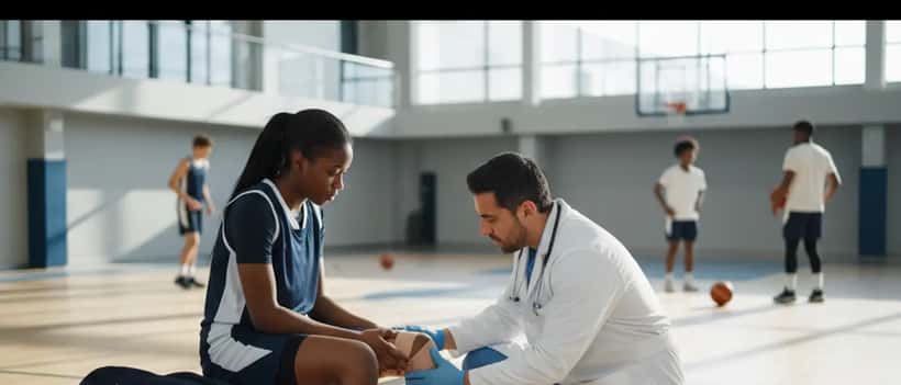 Female basketball player on bench with sports medicine doctor examining her knee
