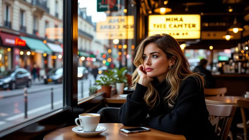 Femme pensive seule dans un café parisien après un spectacle d'humour, smartphone avec calendrier sur la table
