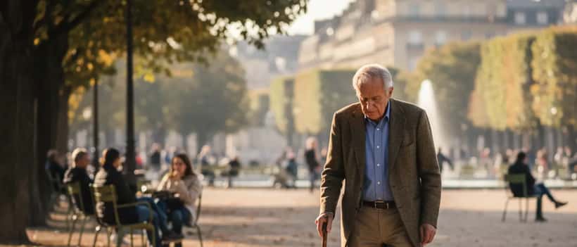 Homme âgé marchant avec une canne dans un parc parisien ensoleillé