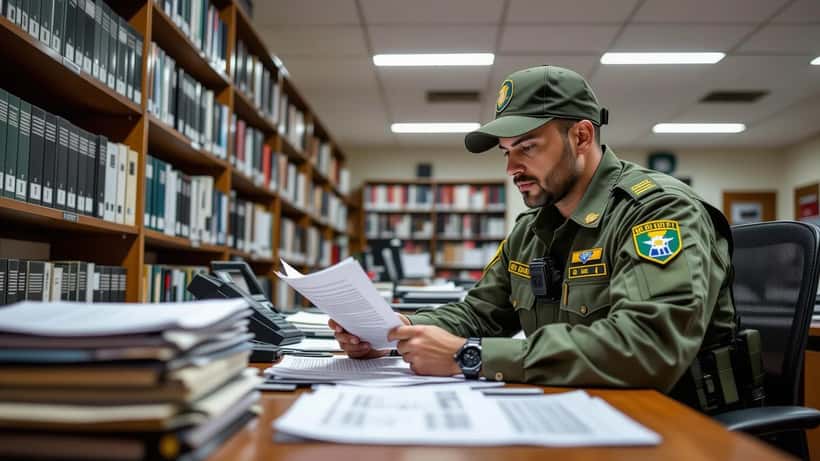 Tenente da Rota com farda revisando documentos jurídicos em mesa de delegacia, São Paulo 2026