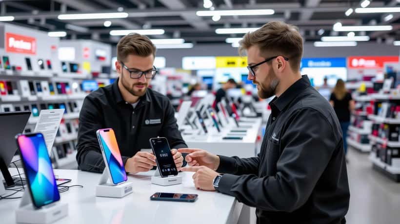 Asiakas vertailee kahta OnePlus-älypuhelinta elektroniikkaliikkeessä myyjän avustuksella