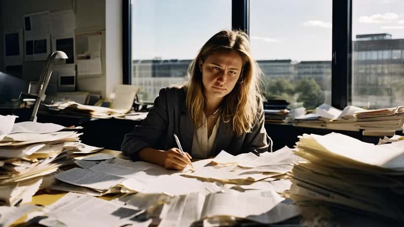 Journalist ved skrivebord med juridiske dokumenter og tabloidaviser