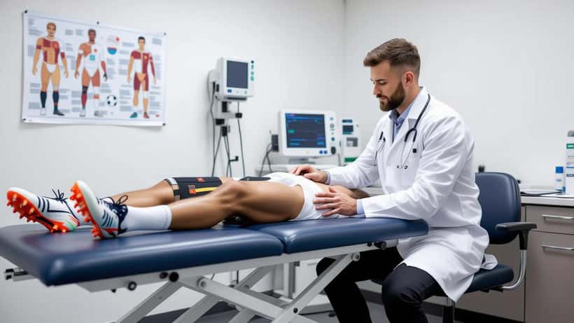 Sportmediziner führt Ultraschall-Untersuchung an Wadenmuskeln eines Fußballers in einer Wiener Sportklinik durch