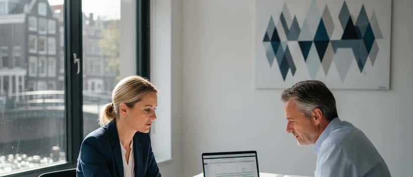 Een Nederlandse financieel adviseur bespreekt belastingdocumenten met een cliënt