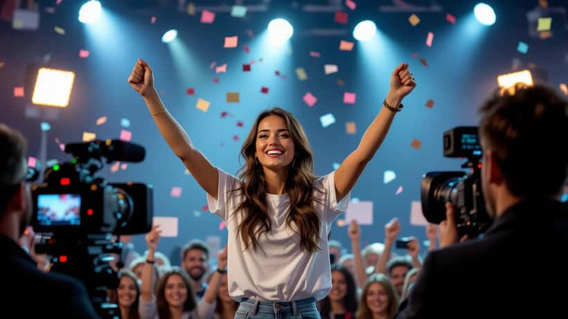 Sara vencedora do Big Brother Verão 2026 celebra em estúdio de televisão com confetis