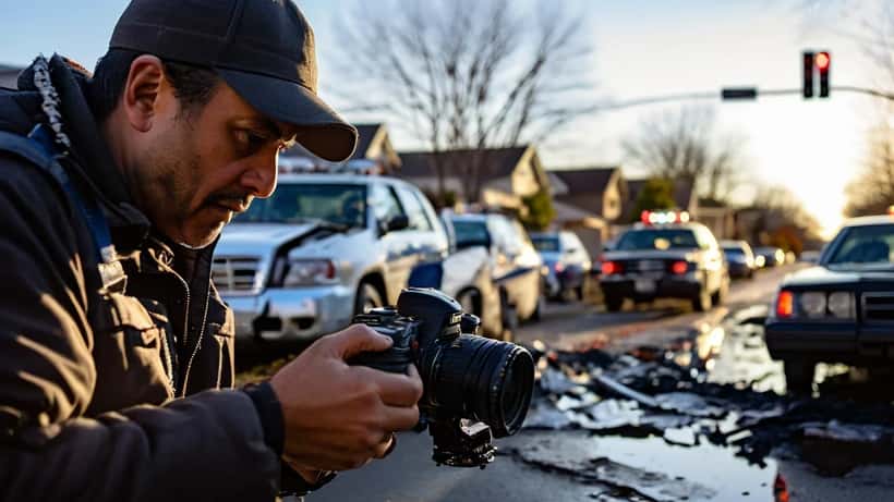 Hombre latino fotografiando daños en vehículo tras accidente de auto en carretera suburbana de EE.UU.