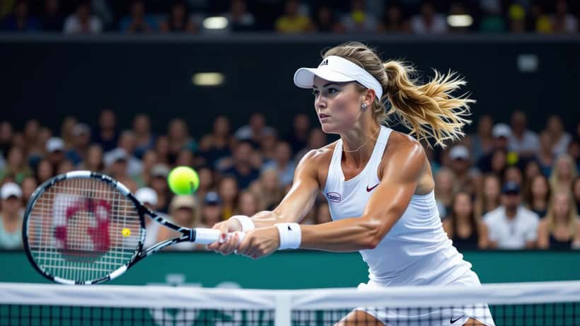 Tenista femenina golpeando un revés decisivo en el Singapore Open 2026, arena indoor con público al fondo