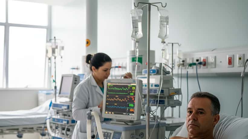 UTI de hospital brasileiro com equipamentos médicos e leito de paciente em São Paulo