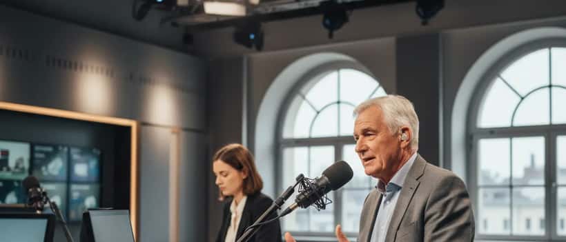 Älterer Mann spricht professionell ins Mikrofon im Sportstudio, natürliches Licht
