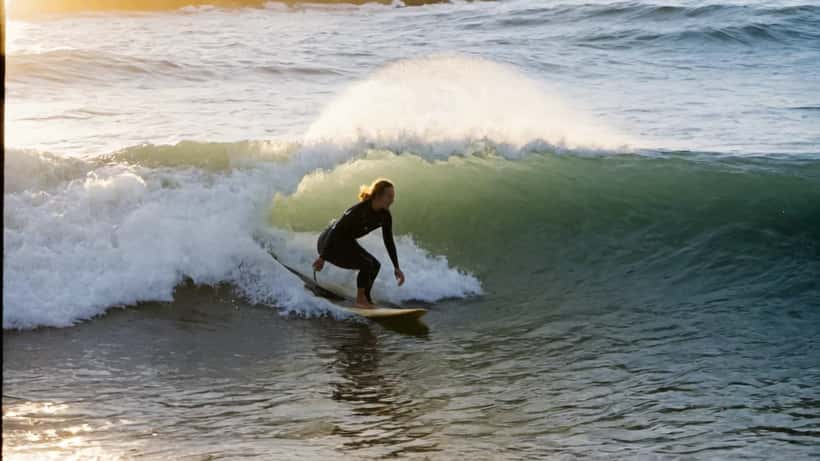 Female surfer paddling through waves at Bells Beach Victoria Australia
