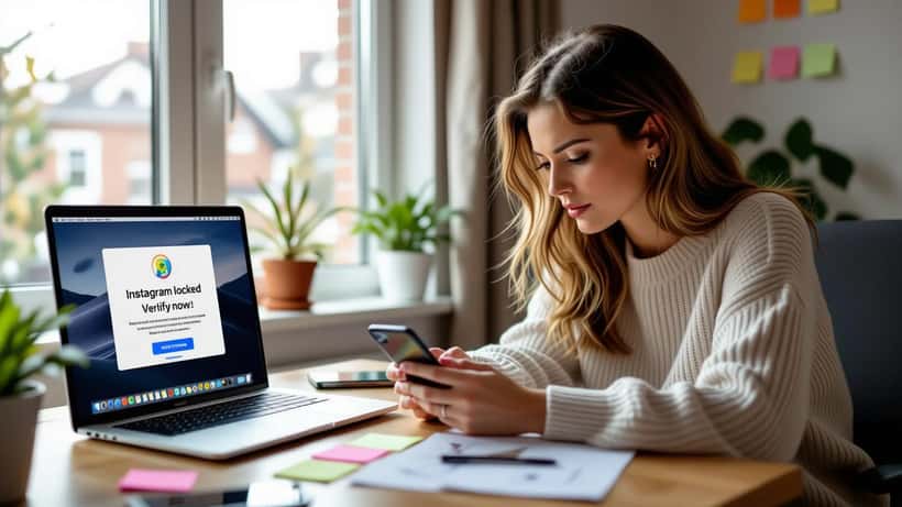 Woman looking at a fake Instagram account-locked login page on her phone during an outage