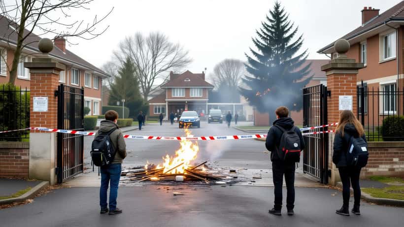 Parvis d'un lycée de Seine-et-Marne après des tirs de mortiers, cordon de police et restes d'artifices
