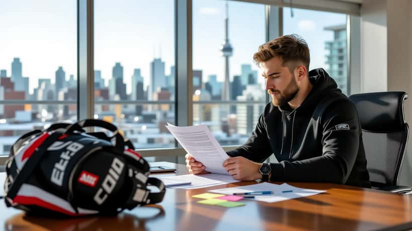Athlete and sports agent reviewing an employment contract at a negotiation table in a Canadian boardroom