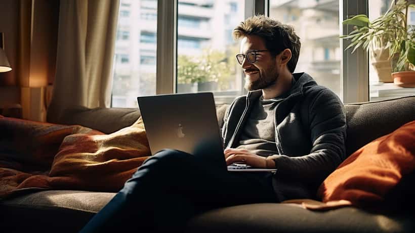 Personne à Zurich sur son canapé, ordinateur ouvert avec alerte de sécurité streaming