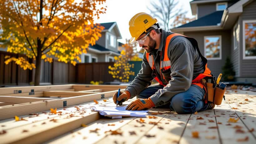 Contractor measuring a backyard deck frame with building permit paperwork in a suburban Canadian yard, autumn 2026