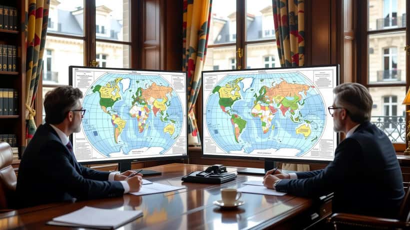 Avocat examinant deux cartes mondiales Mercator vs Eckert IV sur un bureau parisien, implications juridiques 2026